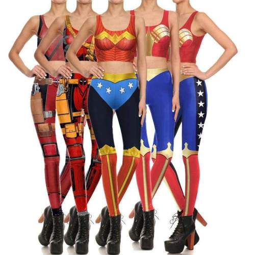 New Women's Vest and Leggings Super Heros Wonder Woman Deadpool Cosplay Costumes Summer Sexy Slim Crop Tops Print Pants Bodysuit