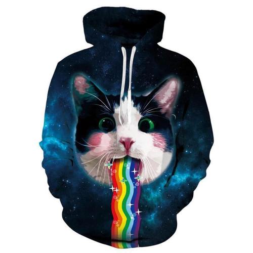 Mens Hoodies 3D Printed Rainbow Cat Printing Pattern Hooded
