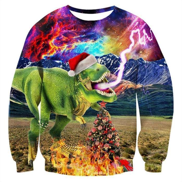 Mens Pullover Sweatshirt 3D Printed Christmas Ugly Dinosaur Long Sleeve Colorful Shirts