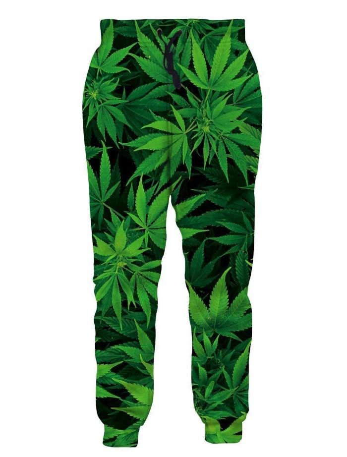 Mens Jogger Pants 3D Printing Green Weed Leaves Pattern Sweatpants