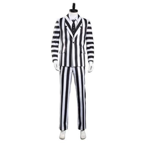 Beetlejuice Adam Men Black And White Striped Suit Jacket Shirt Pants Outfits Halloween Carnival Costume Cosplay Costume