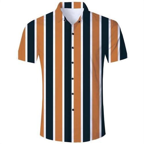 Men'S Hawaiian Short Sleeve Shirts Brown Stripes Print