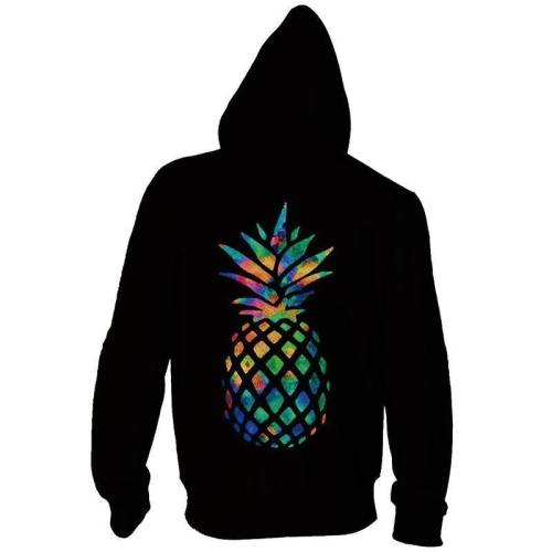 Mens Zip Up Black Hoodies 3D Printed Colorful Pineapple Printing Hooded