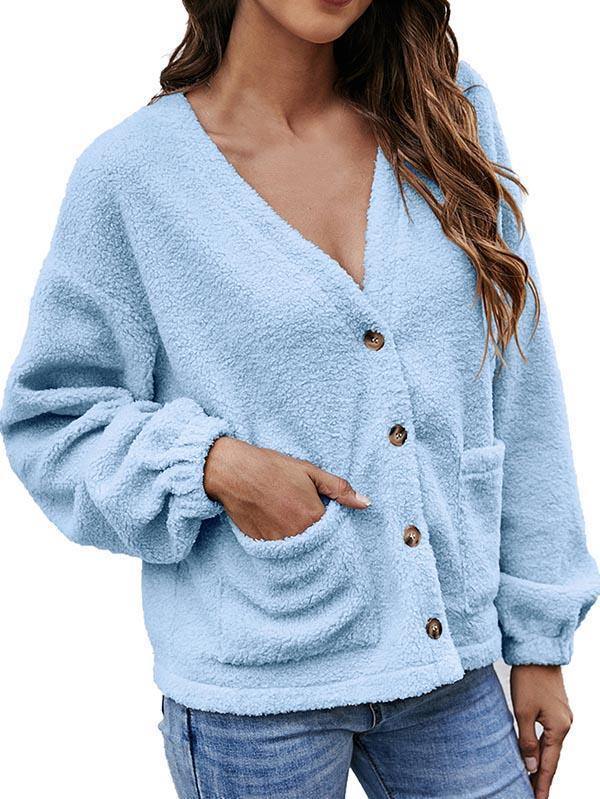 Womens Button Front V Neck Fuzzy Cardigan Coat