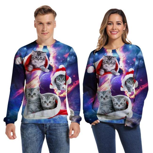 Mens Pullover Sweatshirt 3D Printed Merry Christmas Four Cat Long Sleeve Shirts