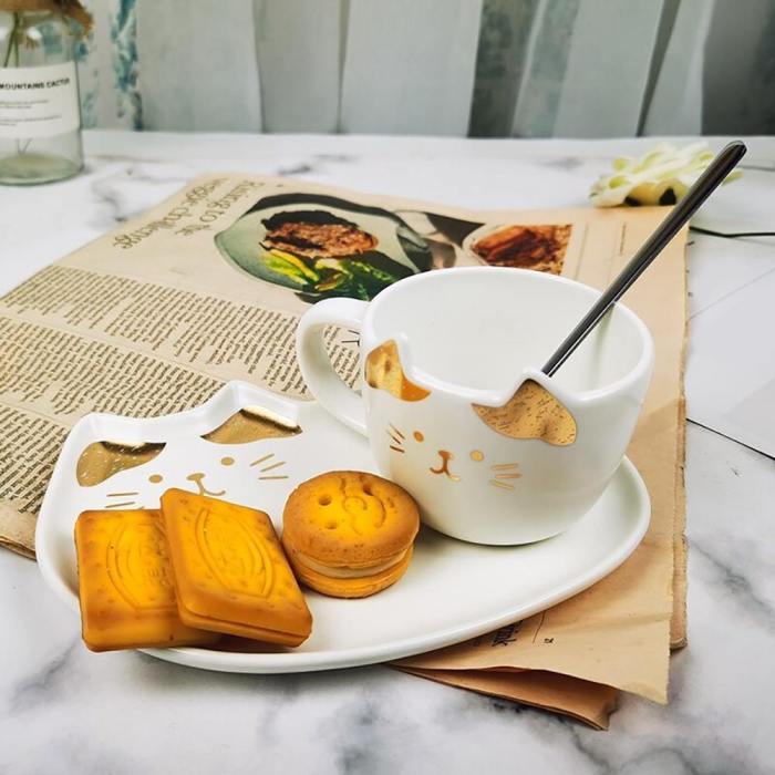 Ceramic Cat Coffee Mug And Cookie Plate Set