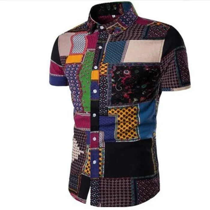 New Summer Men'S Slim Casual Linen Printing Flower Short Sleeve Shirts