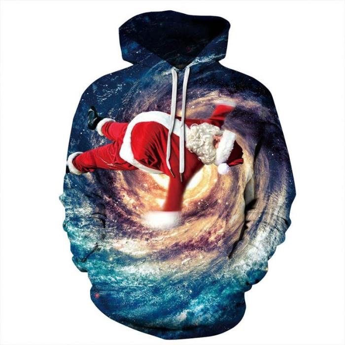 Mens Hoodies 3D Printed Santa Claus In Space Printing Hooded