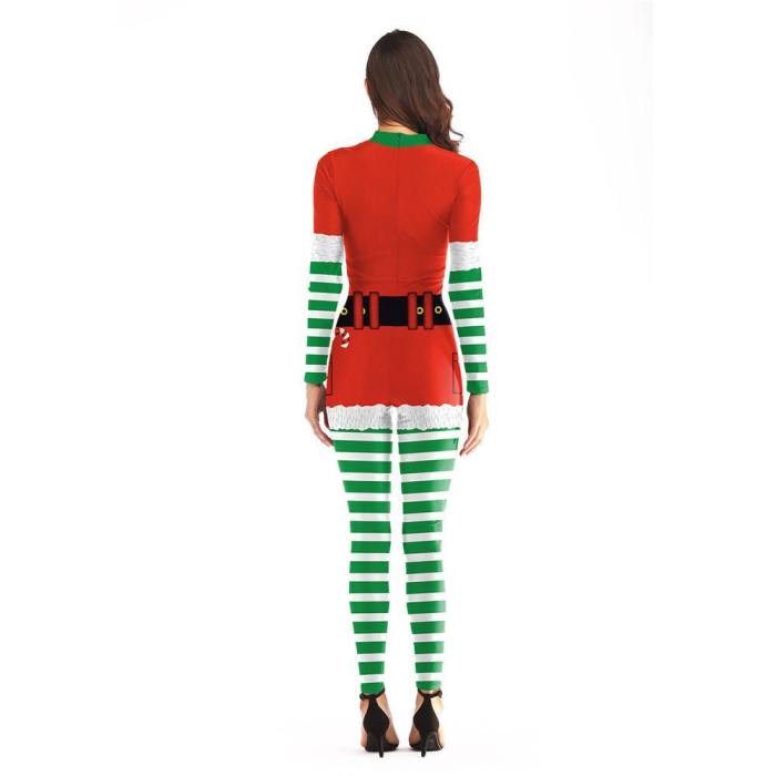 Christmas Costume Cosplay Women Santa Green Elf Stripe 3D Print Tights Jumpsuits Zentai Bodysuit Adult Merry Christmas
