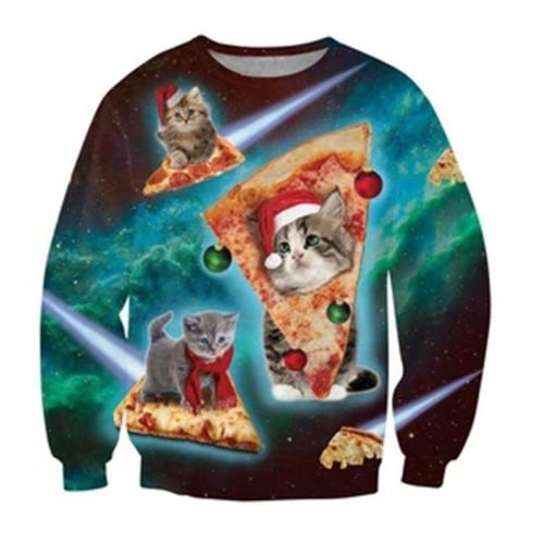 Ugly Cat Eat Pizza Shirt Women Men Christmas Pullover