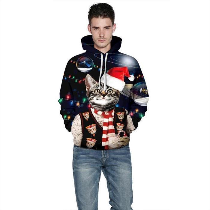 Mens Hoodies 3D Graphic Printed Merry Christmas Black Cat Pullover