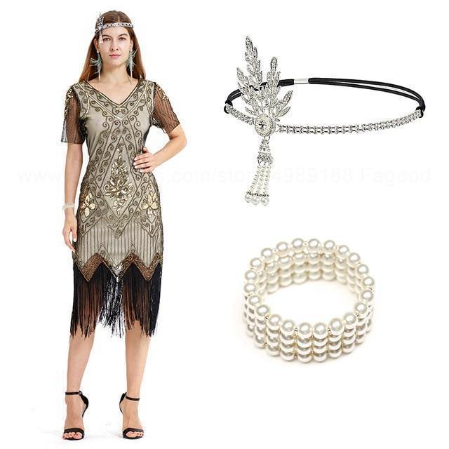 S Flapper Great Gatsby Dress Roaring 20S Costume Fringe Sequin Beaded Dress And Embellished Art Deco Dress Accessories