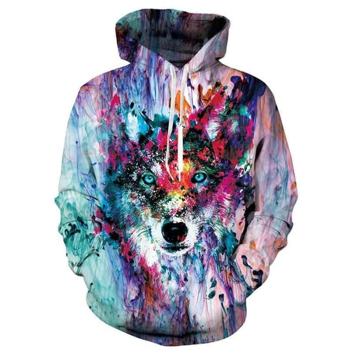 Mens Hoodies 3D Printed Painting Wolf Hoodies Sweatshirt
