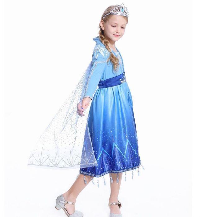 New Girl Elsa 2 Dress Snow Queen Princess Costumes Long Seelve Blue Outfit Dress Children'S Party Dress