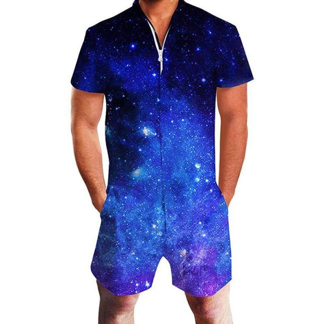 Men'S Rompers Zipper Galaxy Universe Space Printed Jumpsuits