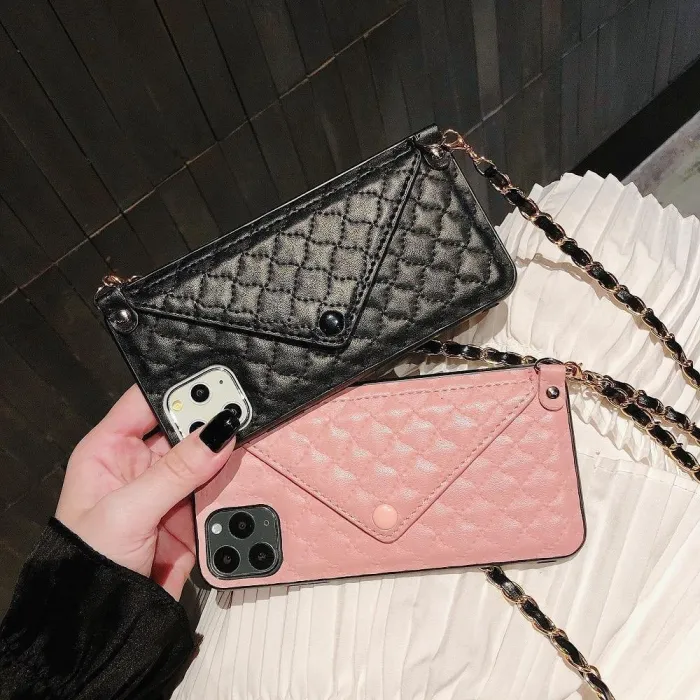 Quilted Leather Wallet Phone Case With Crossbody Chain