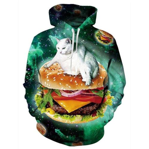 Mens Hoodies 3D Printing Hooded Hamburger Cat Printed Pattern Sweatshirt