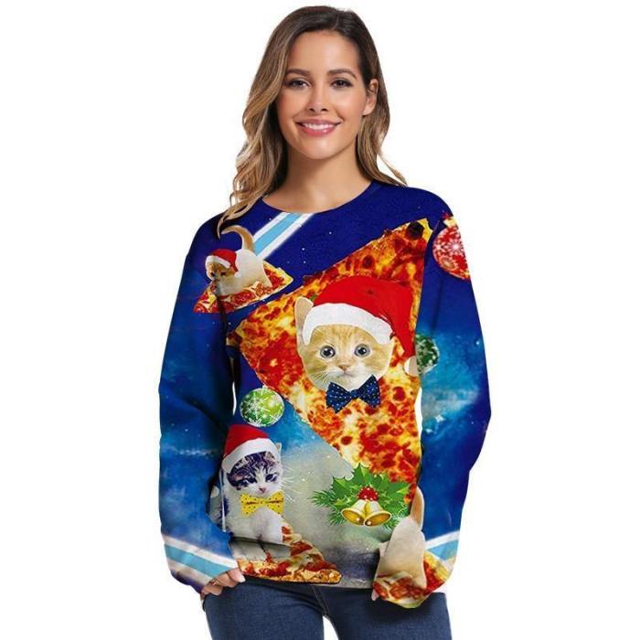 Mens Pullover Sweatshirt 3D Printed Merry Christmas Pizza Cat Long Sleeve Shirts