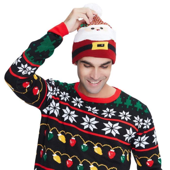 Christmas Hats Men Women Funny Santa Claus Printed Knitted Light Hat Cuff Knit Pom Cap