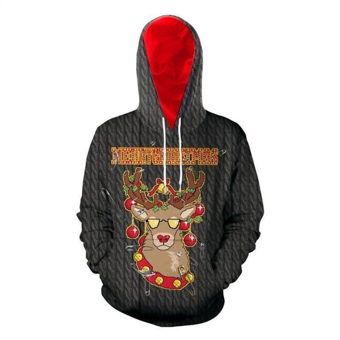 Mens Black Hoodies 3D Graphic Printed Merry Christmas Cool Deer Pullover