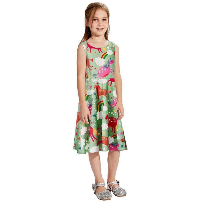 Toddler Girls Summer Dress Rainbow Unicorn Sleeveless Casual Dress