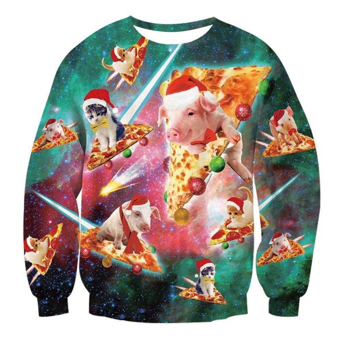 Mens Pullover Sweatshirt 3D Printing Cat Pizza Pattern