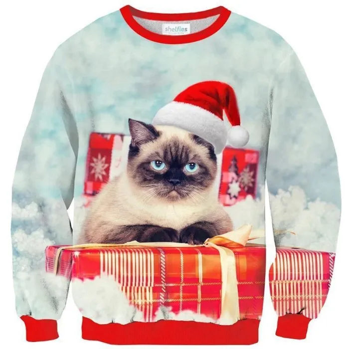 Mens Pullover Sweatshirt 3D Printed Merry Christmas Cat With Gifts Long Sleeve Shirts