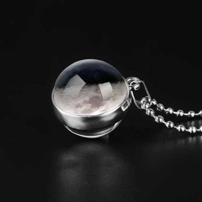 Double Sided Moon Phase Glass Pendant Necklace