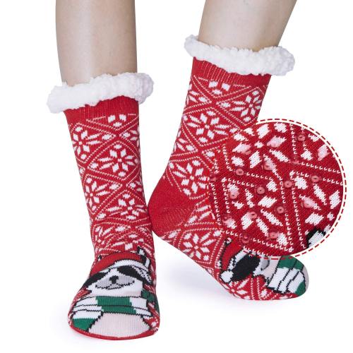 Womens Christmas Dog Thick Knit Sherpa Fleece Lined Thermal Fuzzy Slipper Socks With Grippers