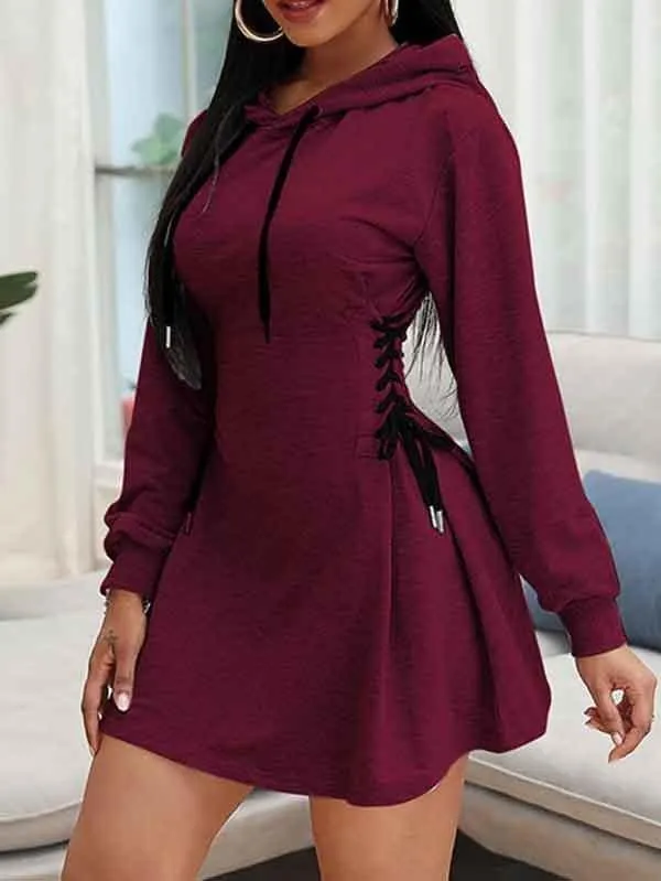 Solid Long Sleeve Lace Up Hoodie Dress For Women