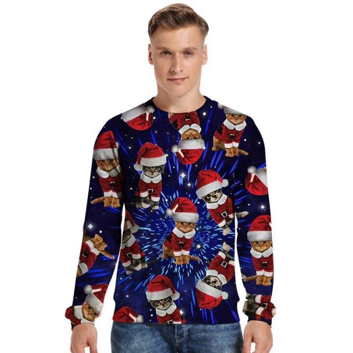 Mens Pullover Sweatshirt 3D Printed Merry Christmas Cat Blue Long Sleeve Shirts