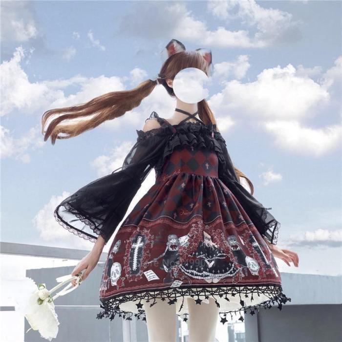 Lolita Costume Gothic Jsk Ruffle Cross Decora Retro Strap Tulle Dress