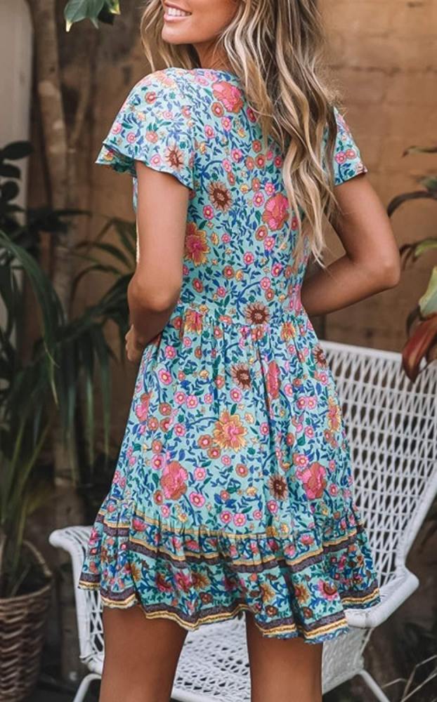 Women'S Summer Bohemian Floral Printed Short Sleeve V Neck Button Ruffle Swing Beach Mini Dress