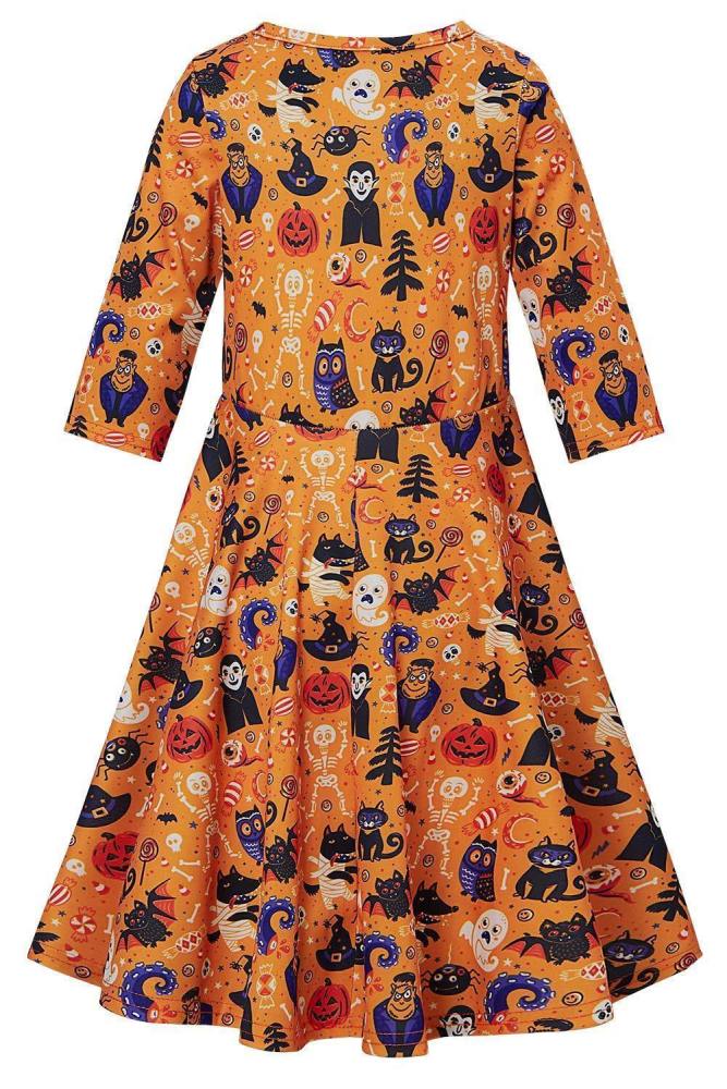 Girls Halloween Pumpkin Cats Ghost Printed Dress