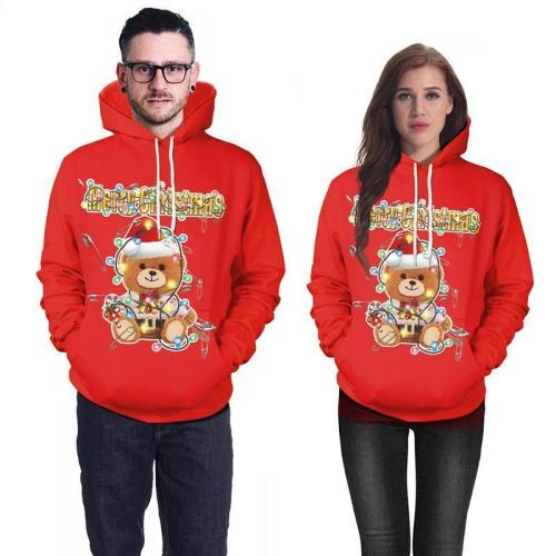 Mens Red Hoodies 3D Graphic Printed Merry Christmas Little Bear Pullover