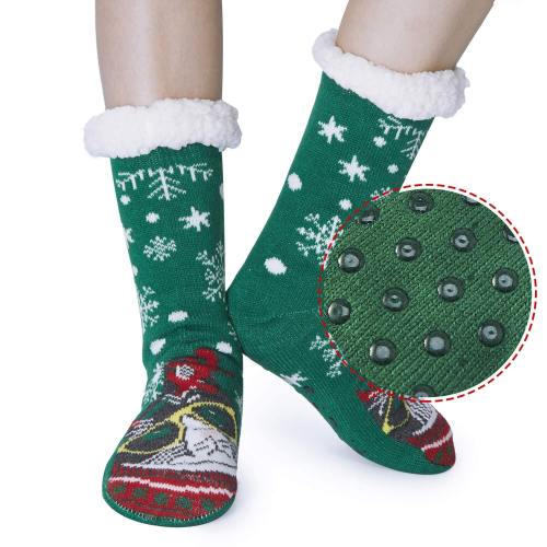 Womens Green Sock Super Soft Cute Cartoon Snowman Fuzzy Cozy Non-Slip Winter Slipper Socks Funny Cat