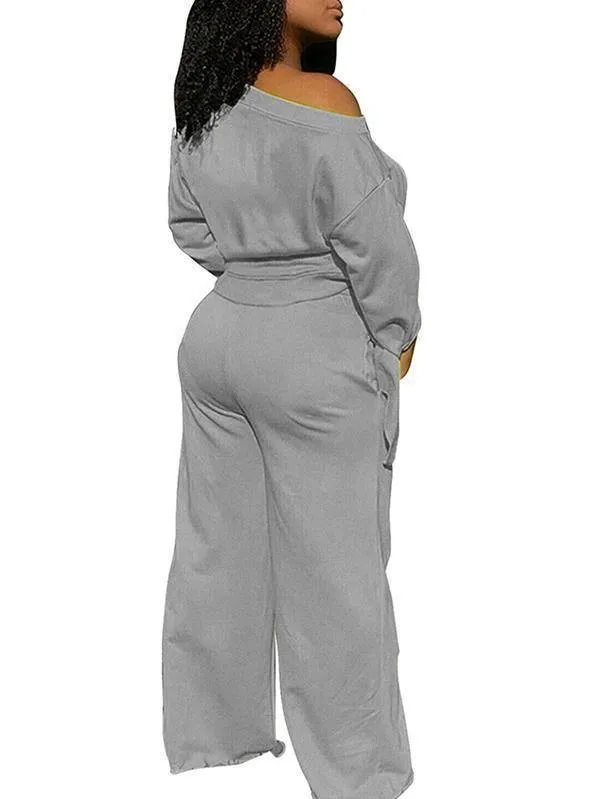Off Shoulder Crop Top Wide Leg Pants 2 Piece Outfits
