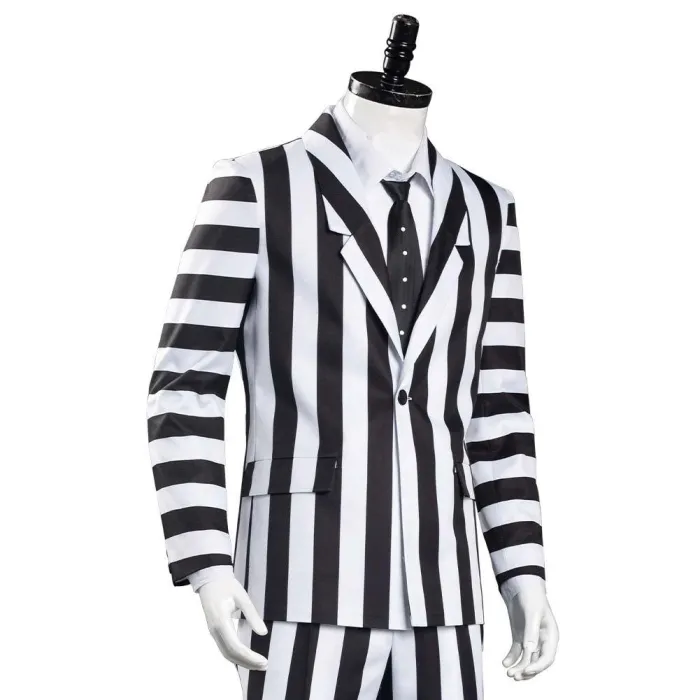 Beetlejuice Adam Men Black And White Striped Suit Jacket Shirt Pants Outfits Halloween Carnival Costume Cosplay Costume