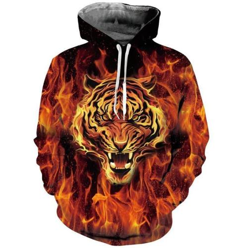 Mens Hoodies 3D Printing Hooded Fire Tiger Printed Pattern