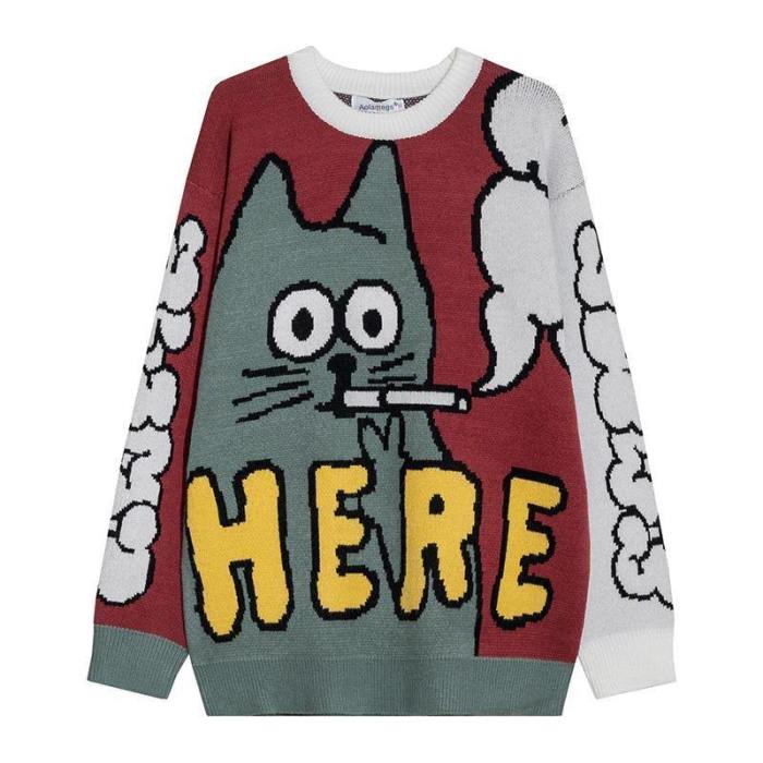 Funny Smoking Cat Knitted Pullover Sweater