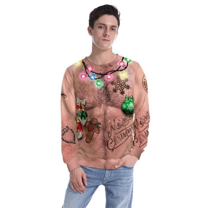 Mens Pullover Sweatshirt 3D Graphic Printing Merry Christmas Funny Chest Hair Pattern