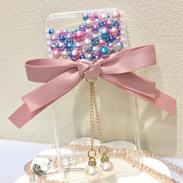 Glitter Rhinestone Color Pearls Bow With Pearl Phone Case