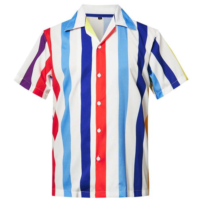 Men'S Hawaiian Shirt Red White Blue Stripes Printing