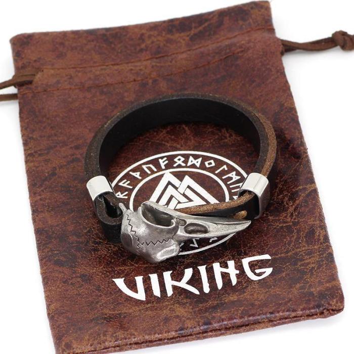 Viking Raven Skull Leather Bracelet