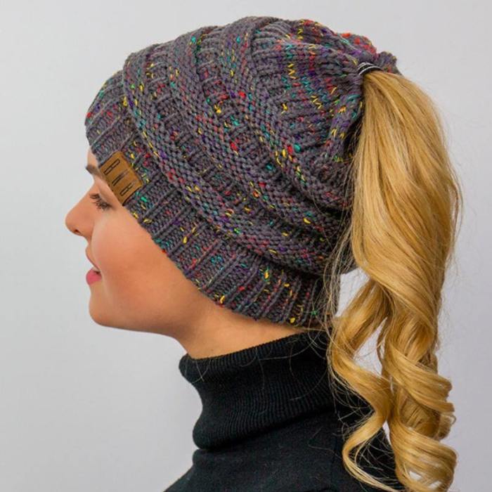 Messy Bun Beanie Knitted Hat Winter Ponytail Beanie With Ponytail Hole
