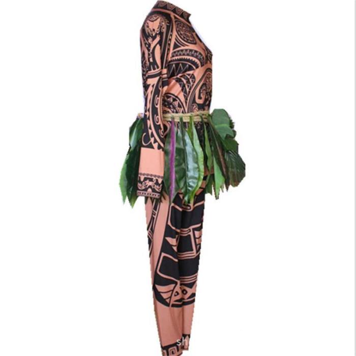 Moana Maui Tattoo Halloween Cosplay Costumes With Leaves Decor Blattern For Adult Mens Women