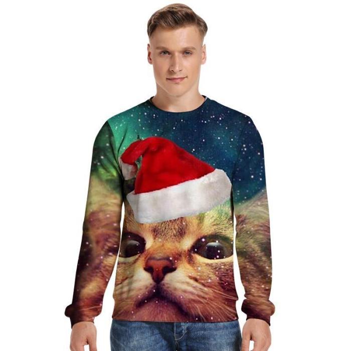 Mens Pullover Sweatshirt 3D Printed Merry Christmas Cat Face Long Sleeve Shirts