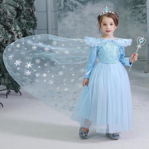 New Kids Frozen Elsa Princess Girls Costume Dresses With Crown Wand Cosplay Party Holiday