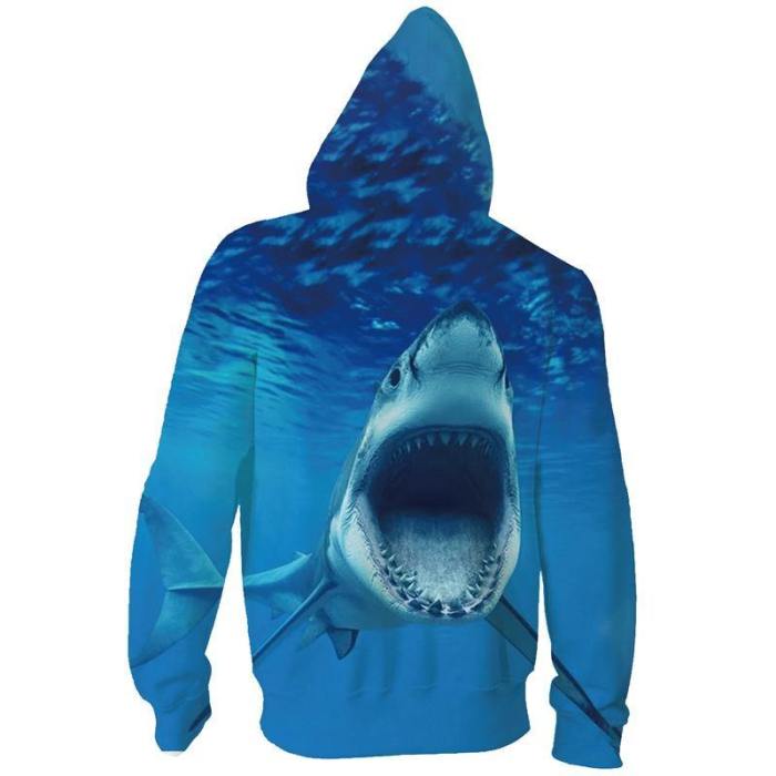 Mens Zip Up Hoodies 3D Printed Summer Shark Face Printing Hooded