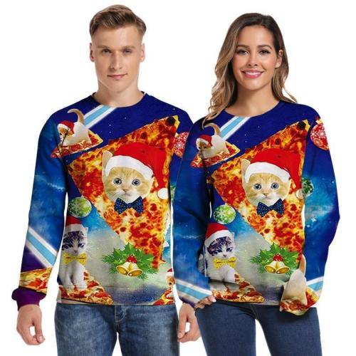 Mens Pullover Sweatshirt 3D Printed Merry Christmas Pizza Cat Long Sleeve Shirts